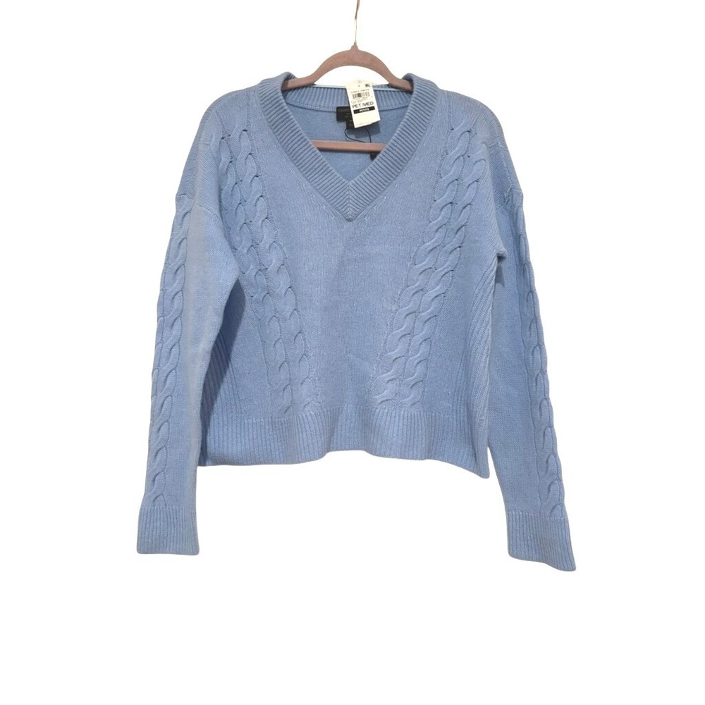 Charter club sz M luxury blue cable knit cashmere V neck sweater‎ new w/ tags KK